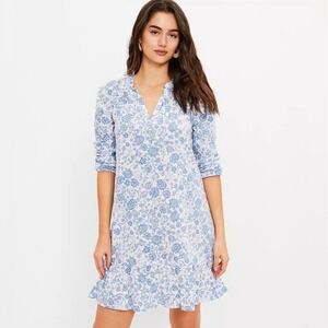 LOFT Women's Blue Floral Print Ruffle Hem Tie Neck Dress Size L